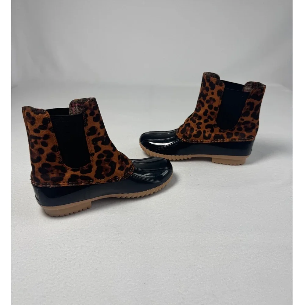 Leopard Print ZBY Women 7.5 Duck Boots Black Brown Waterproof Ankle Chelsea Boot